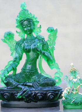 鎏金彩绘绿度母古法琉璃家居供奉