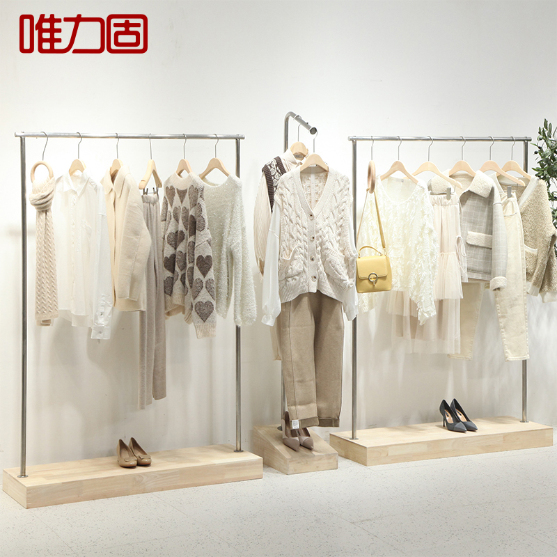 简约不锈钢拉丝银服装店展示架男女装店铺落地中岛架木质服装架子-图1