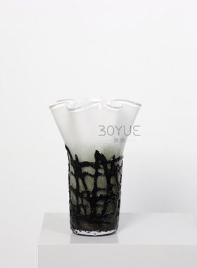 轻奢现代简约白色黑网纹花瓣口琉璃花瓶摆件家居样板房客厅软装饰