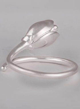 玉兰花纯银戒指S925纯银手工银戒指开口可调节指环精致高雅戒指