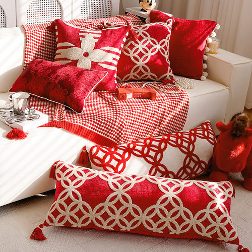 新年高级感抱枕靠垫新中式结婚红色新婚卧室沙发装饰抱枕枕套含芯 - 图0