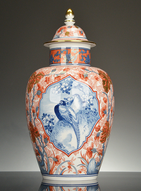 描金青花矾红雉鸡花瓶将军罐