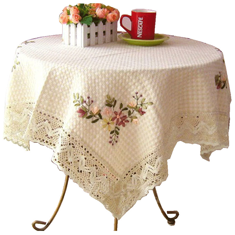 好多家餐桌布台布 加厚棉麻 丝带绣花茶几布艺时尚田园圆桌布盖布