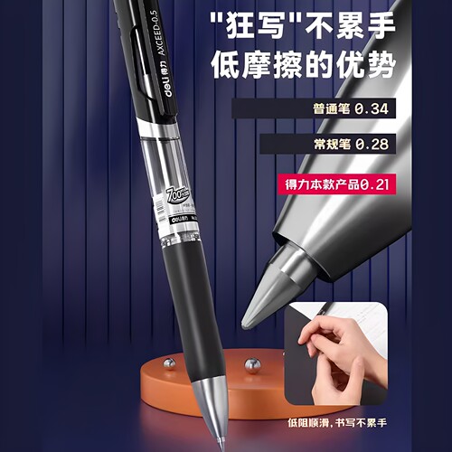 得力按动中性笔子弹头0.5水笔黑蓝红色商务办公弹簧签字笔按压式替芯学生专用中考考试碳素写字大容量高颜值 - 图0