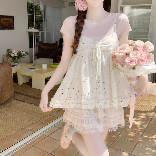ຊຸດເສື້ອແຂນສັ້ນ 2 ຜືນ polka dot ສີບົວ