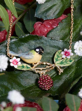高档镀金珐琅小鸟树莓吊坠