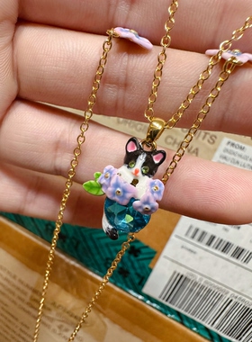 法式手绘珐琅彩小猫项链女轻奢小众设计感高级宝石气质百搭锁骨链