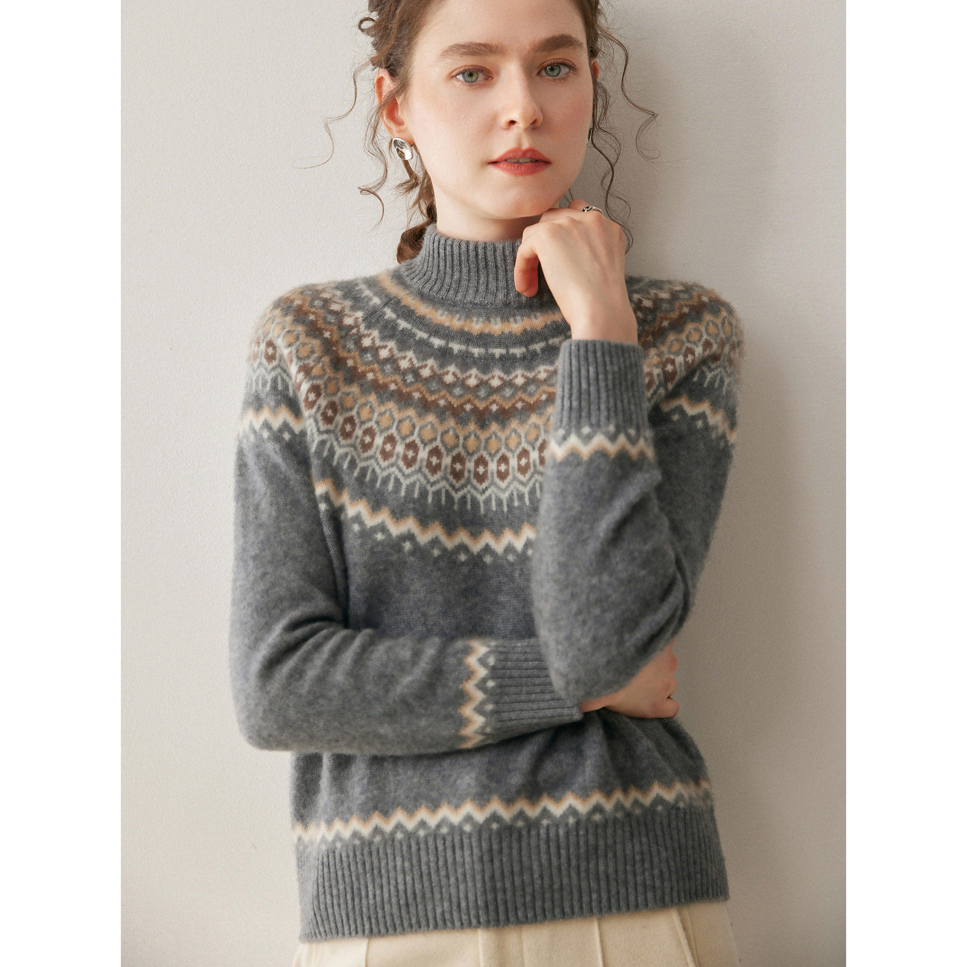 加厚费尔岛提花羊绒衫女25秋冬新款半高领复古慵懒风针织套头毛衣,淘宝优惠券,粉丝福利购,淘宝优惠卷