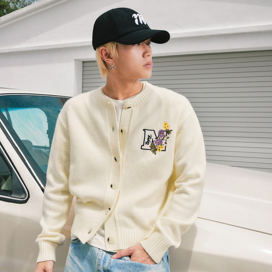 MEDM 线条花卉刺绣休闲开衫毛衣春秋男女慵懒宽松情侣针织衫外套