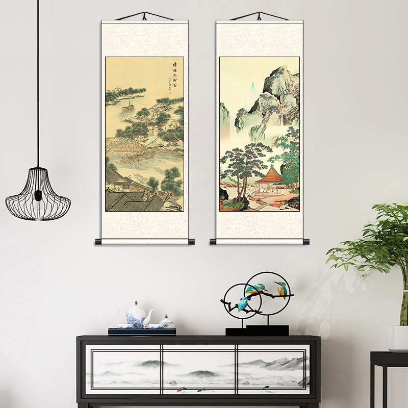 山水画聚宝盆招财客厅办公室高山流水条幅装饰壁画丝绸卷轴字挂画,淘宝优惠券,粉丝福利购,淘宝优惠卷