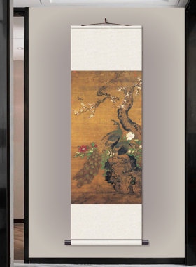 明 吕纪 杏花孔雀玄关装饰画新中式挂画卷轴丝绸画客厅走廊过道