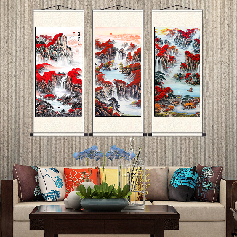 山水画聚宝盆招财客厅办公室高山流水条幅装饰壁画丝绸卷轴字挂画,淘宝优惠券,粉丝福利购,淘宝优惠卷