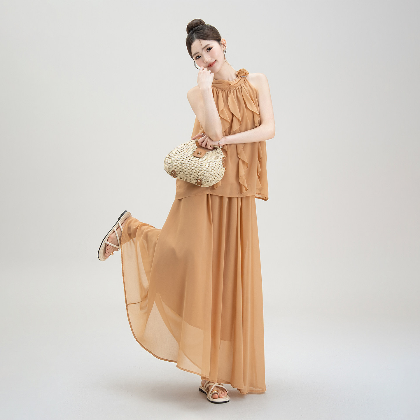 橙色法式荷叶边挂脖背心衬衫女夏季新款无袖雪纺上衣半身裙子套装,淘宝优惠券,粉丝福利购,淘宝优惠卷