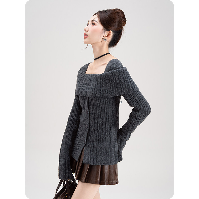 法式纯欲风一字肩针织衫毛衣女2026春秋新款单排扣修身打底衫上衣,淘宝优惠券,粉丝福利购,淘宝优惠卷