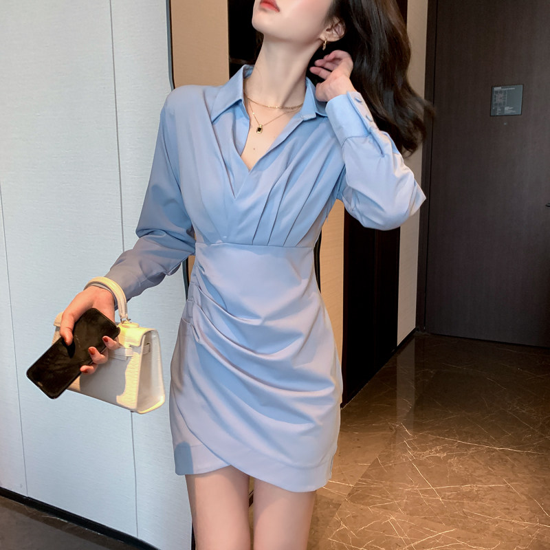 蓝色长袖连衣裙女秋装2023新款衬衫 nurtureone妮茨维旗舰连衣裙