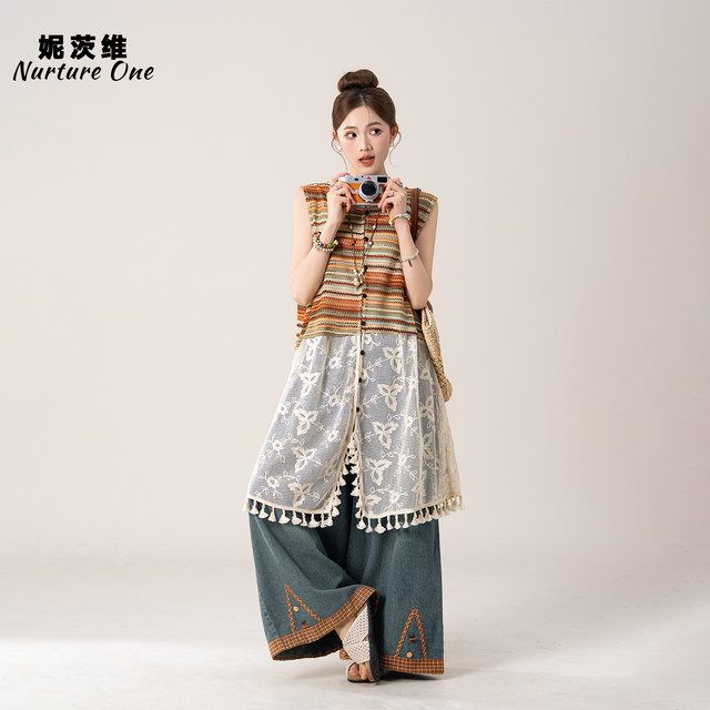 ໂສ້ງຍີນ blouse ທີ່ມີເສັ້ນດ່າງເສັ້ນດ່າງຕັດກັນ
