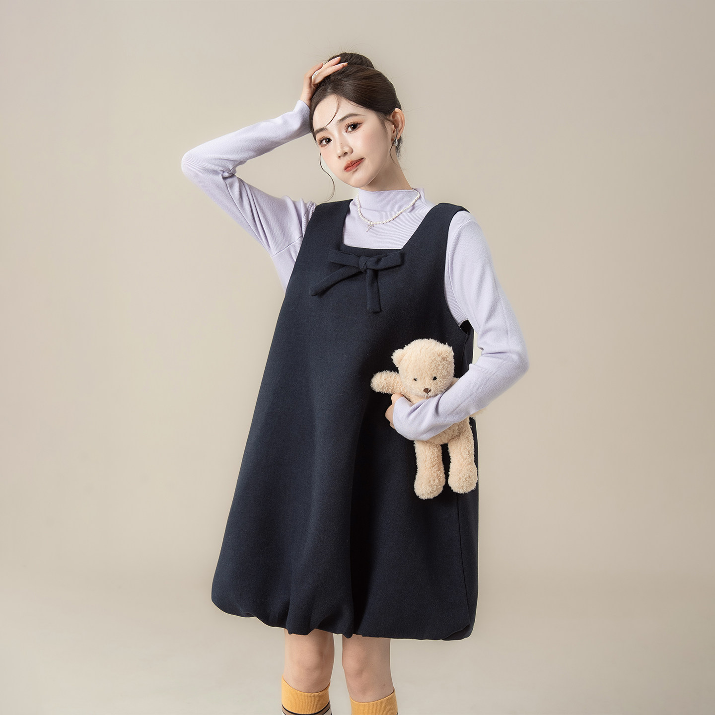 蓝色韩系甜美蝴蝶结花苞背心连衣裙女春秋新款长袖打底衫上衣套装,淘宝优惠券,粉丝福利购,淘宝优惠卷