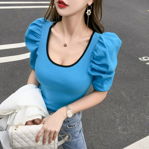 Летняя ретро футболка, короткий рукав, французский стиль, рукава фонарики, с рукавом