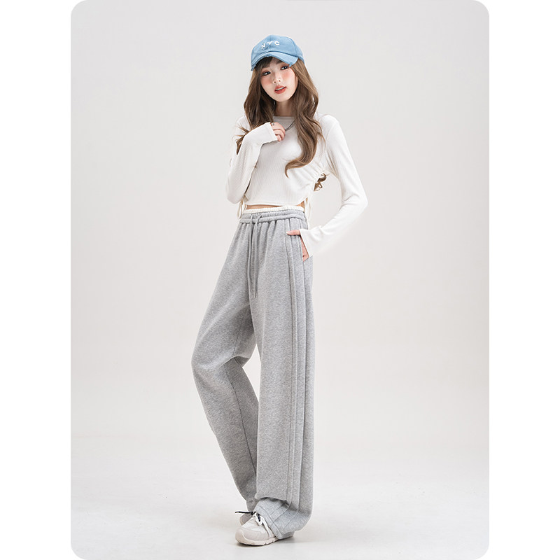 灰色高腰抽绳休闲卫裤女春秋加绒小个子撞色拼接垂感运动阔腿裤子,淘宝优惠券,粉丝福利购,淘宝优惠卷