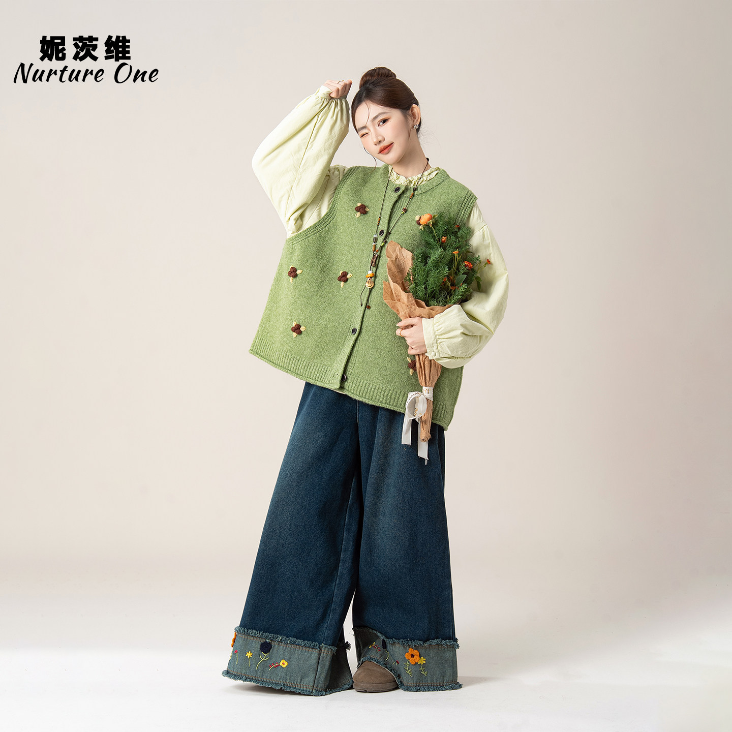 抹茶绿色立体花针织马甲女春季新款圆领宽松叠穿开衫无袖背心上衣,淘宝优惠券,粉丝福利购,淘宝优惠卷