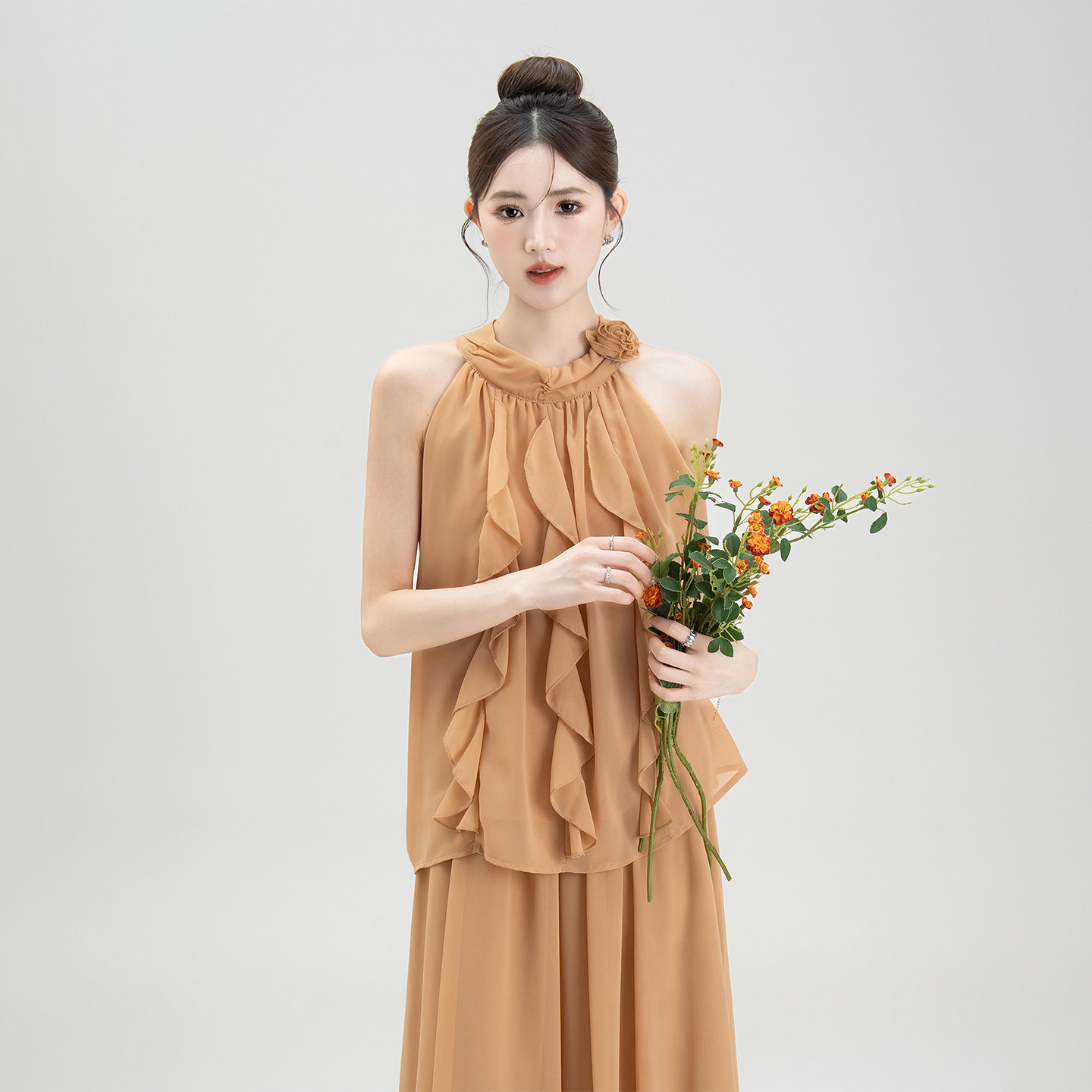 橙色法式荷叶边挂脖背心衬衫女夏季新款无袖雪纺上衣半身裙子套装,淘宝优惠券,粉丝福利购,淘宝优惠卷