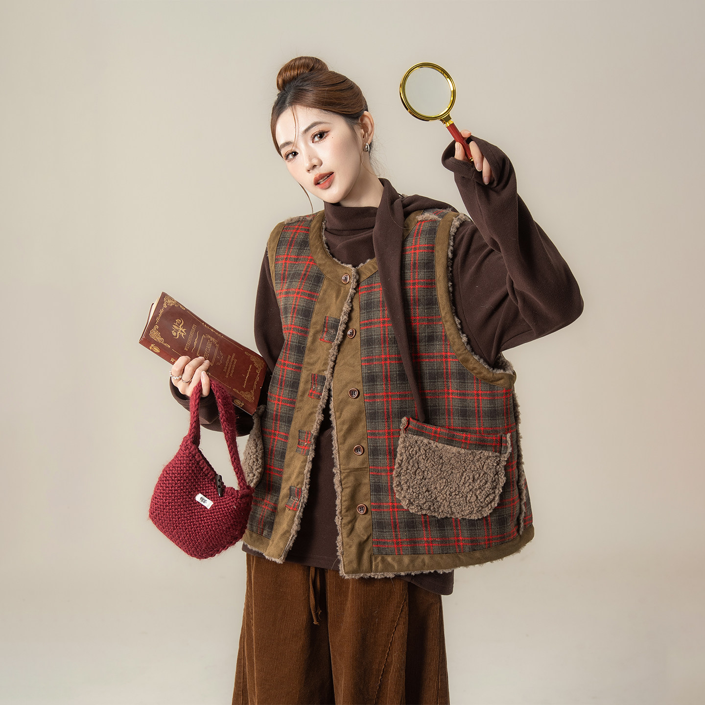 红色日系复古格纹马甲背心女春秋新款加厚仿羊羔毛两面穿外套上衣,淘宝优惠券,粉丝福利购,淘宝优惠卷