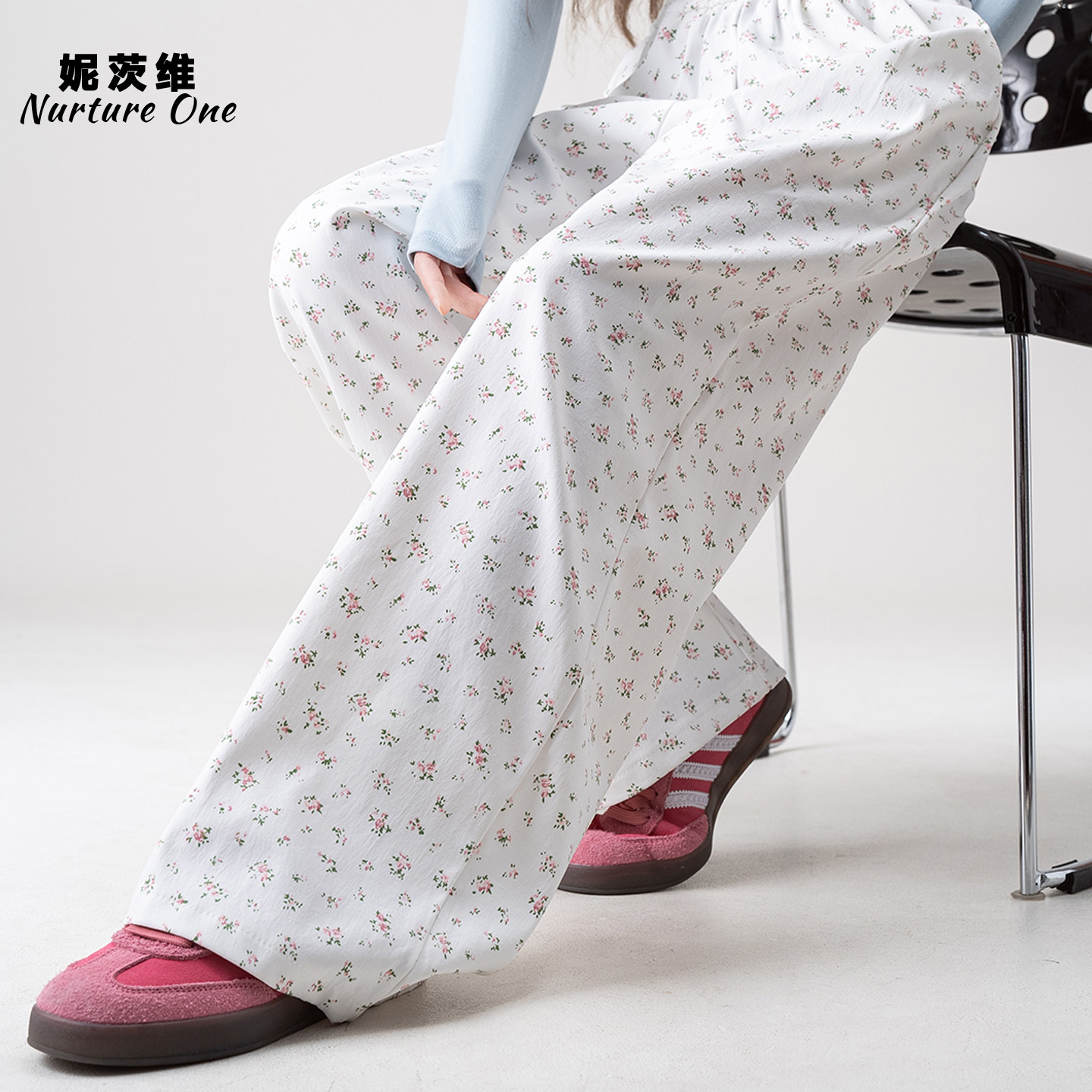 白色小碎花直筒休闲裤女春季新款高腰宽松阔腿遛弯百搭拖地长裤子,淘宝优惠券,粉丝福利购,淘宝优惠卷