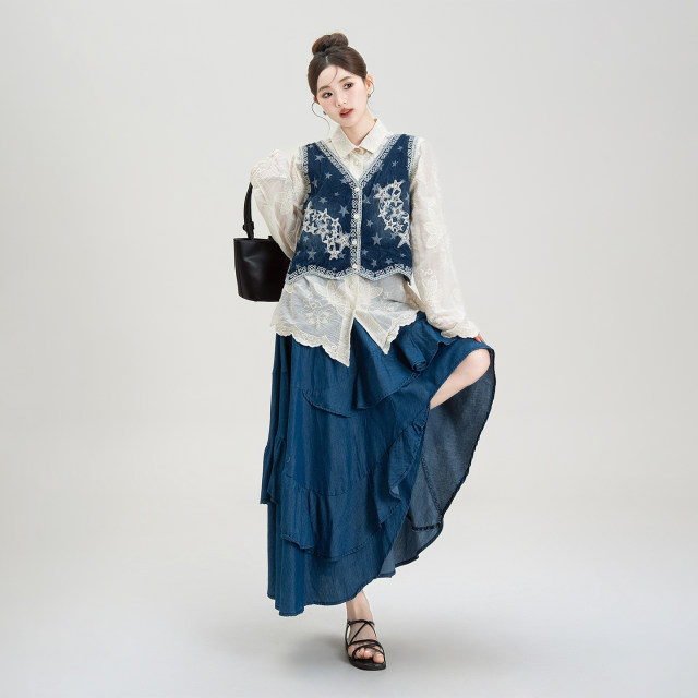 Apricot crochet embroidered ເສື້ອ vest ແລະຊຸດກະໂປງ