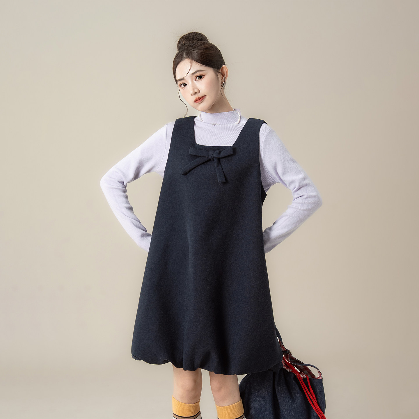 蓝色韩系甜美蝴蝶结花苞背心连衣裙女春秋新款长袖打底衫上衣套装,淘宝优惠券,粉丝福利购,淘宝优惠卷