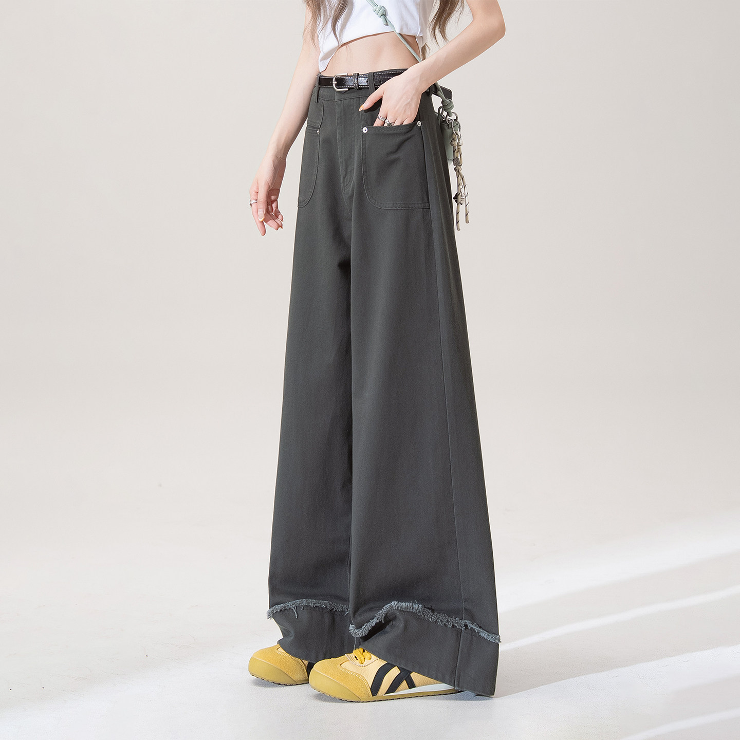 深灰色毛边阔腿牛仔裤女春季新款小个子高腰宽松显瘦休闲直筒长裤,淘宝优惠券,粉丝福利购,淘宝优惠卷