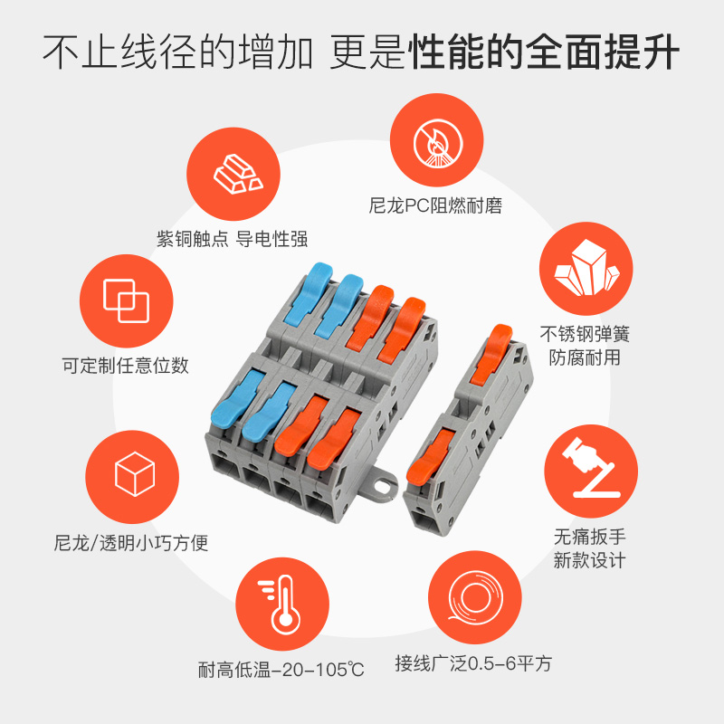 6平方软硬线2进2出接线端子零火电线电缆连接器彩色3进6出分线器