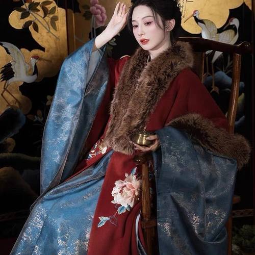 汉服女明制【金枝毓秀】裘衣加绒钟灵立领斜襟长衫马面裙秋冬套装 - 图0