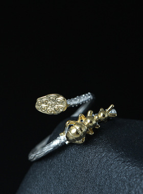 复古风昆虫趣味银饰品开口戒指