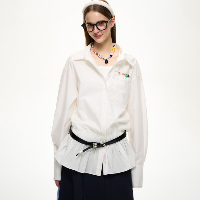 NS76 loose long-sleeved topstitched cotton button-down shirt