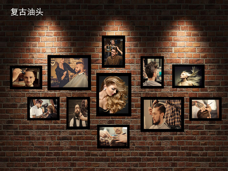 美发店装饰画理发店发型挂画壁画发廊烫染创意组合复古相框照片墙
