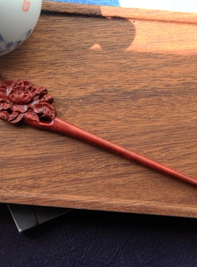 发簪紫檀木国风木簪雕花红色