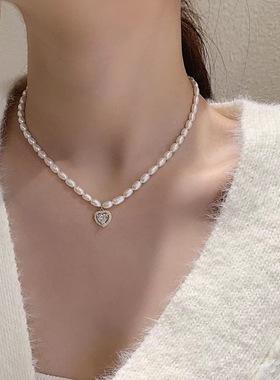 欧美简约设计感淡水珍珠爱心锆石吊坠气质时尚项链网红个性项坠女
