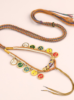 新款藏式手搓棉男女项链绳天珠手绘唐卡五路财神编织绳复古毛衣链