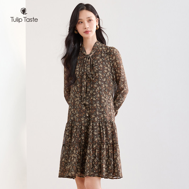 郁香菲碎花连衣裙女气质优雅秋季时尚飘带领印花雪纺裙A字中长裙,淘宝优惠券,粉丝福利购,淘宝优惠卷