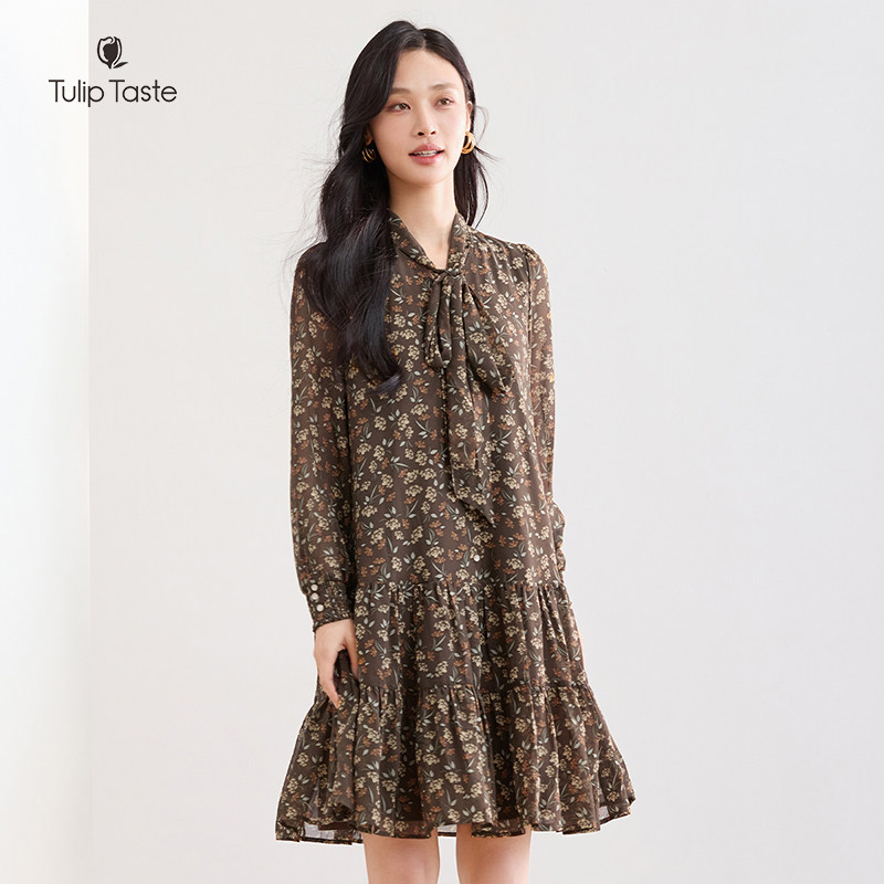 郁香菲碎花连衣裙女气质优雅秋季时尚飘带领印花雪纺裙A字中长裙,淘宝优惠券,粉丝福利购,淘宝优惠卷