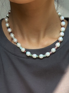 彩色玉石巴洛克珍珠项链