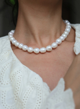 冷白 13mm贵妇感高级感 天然螺纹淡水珍珠项链串珠毛衣链