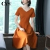 Váy màu cam cao cấp 2019 mới hè trí tuệ nữ khí chất đơn giản V-cổ Slim váy dài đi lại - Váy dài Váy dài
