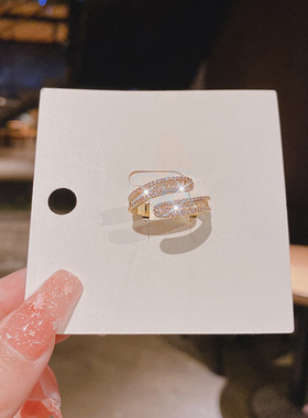 真金电镀铜镶锆石夸张戒指轻奢ins冷淡风可调节猫石气质指环女