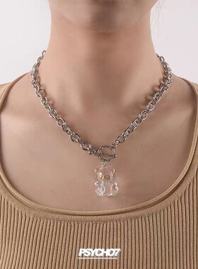 韩版Q弹果冻透明小熊OT项链男女情侣简约卡通熊吊坠可爱ins毛衣链