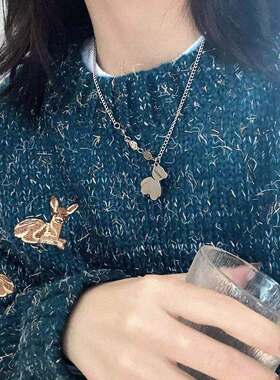 日韩风小众设计感钛钢笑脸拼接项链女ins风 歪头小熊吊坠毛衣链潮