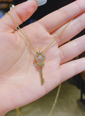 【真金保色】保色爱心钥匙项链女ins锁骨链韩版水晶锆石吊坠颈链