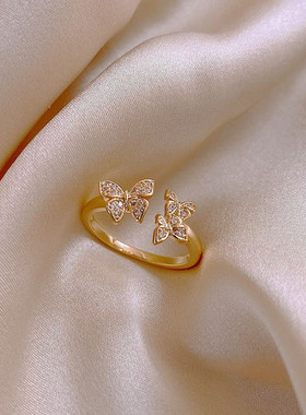 铜镶锆石真金电镀镶钻蝴蝶开口戒指2021新品轻奢ins冷淡风食指环