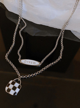 韩国时尚滴油黑白格纹包包字母双层项链设计感百搭锁骨链个性颈链