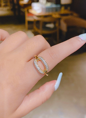 铜镶锆石开口调节真金电镀个性几何锁扣戒指时尚指环简约厂家直销